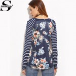 Sheinside Womens Printed Long Sleeve Tshirt Korean Fashion T Shirt Navy Striped Raglan Sleeve Floral Print T-shirt 