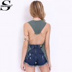Sheinside Womens Tops Fashion Ladies Sexy Casual Famous Brand Vogue Grey Sleeveless Backless Round Neck Letter Print Tank