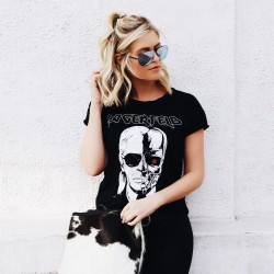 Shirts women's Tops Brand 2016 Fashion New Skeleton Head Printed Tee In Black Zombie Skull Punk Rock Cotton Shirts Women