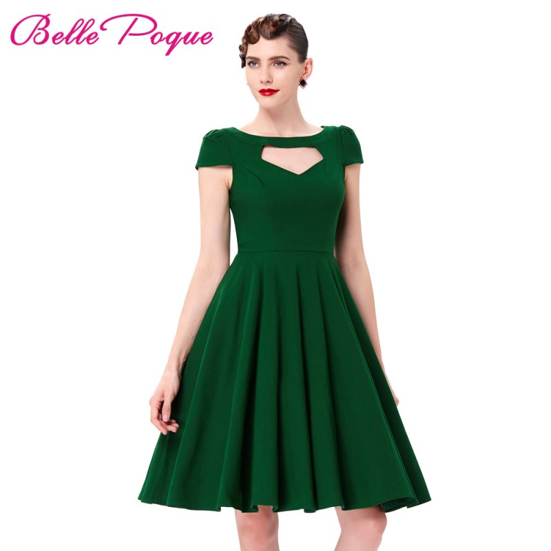 Short Sleeve Pin Up Big Swing 50s Dress Summer Vintage Green Red Black Hollowed Front Knee 