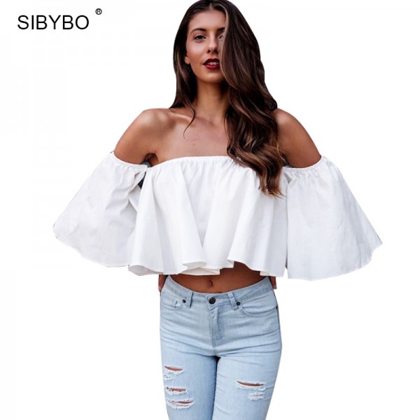 Sibybo White Blouse Blusa Cotton Sexy Off Shoulder Women Blouse Shirt Puff  Loose Elastic Ruffle Summer Beach Casual Blouses