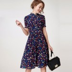Silk Chiffon Dress 2690 100%Pure Silk Chiffon Women Floral Printed Silk Dress Vintage Summer Dress 2016 New Office Dress