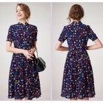 Silk Chiffon Dress 2690 100%Pure Silk Chiffon Women Floral Printed Silk Dress Vintage Summer Dress 2016 New Office Dress