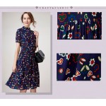 Silk Chiffon Dress 2690 100%Pure Silk Chiffon Women Floral Printed Silk Dress Vintage Summer Dress 2016 New Office Dress