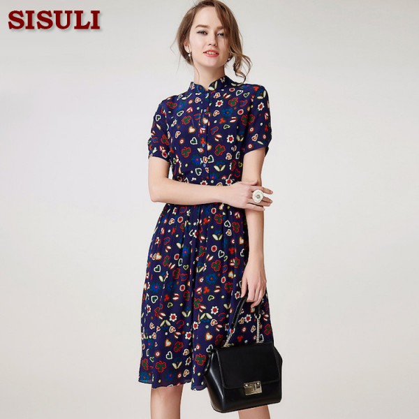 Silk Chiffon Dress 2690 100%Pure Silk Chiffon Women Floral Printed Silk Dress Vintage Summer Dress 2016 New Office Dress