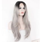 Silk Straight Ombre Silver Grey Heat Resistant Synthetic Lace Front Wig 2 Tones Natural Black/Grey Hair Wigs For Women