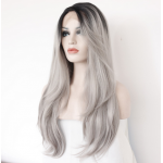 Silk Straight Ombre Silver Grey Heat Resistant Synthetic Lace Front Wig 2 Tones Natural Black/Grey Hair Wigs For Women