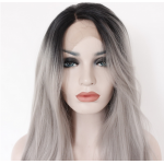 Silk Straight Ombre Silver Grey Heat Resistant Synthetic Lace Front Wig 2 Tones Natural Black/Grey Hair Wigs For Women