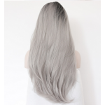 Silk Straight Ombre Silver Grey Heat Resistant Synthetic Lace Front Wig 2 Tones Natural Black/Grey Hair Wigs For Women