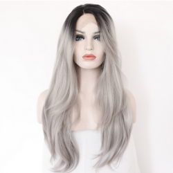 Silk Straight Ombre Silver Grey Heat Resistant Synthetic Lace Front Wig 2 Tones Natural Black/Grey Hair Wigs For Women