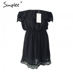 Simplee 2016 summer women dresses Strapless lace stitching off the shoulder dress Slash neck white mini dress vestidos