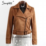 Simplee Apparel Zipper basic suede jacket coat 2016 motorcycle jacket Women outwear Pink belted short winter jackets