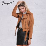 Simplee Apparel Zipper basic suede jacket coat 2016 motorcycle jacket Women outwear Pink belted short winter jackets