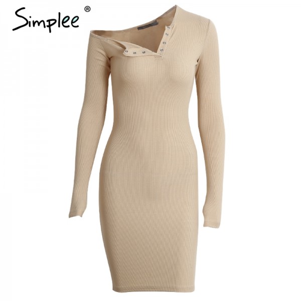 Simplee Autumn one shoulder bodycon sexy dress Women long sleeve elastic white dresses Winter evening club black short dress