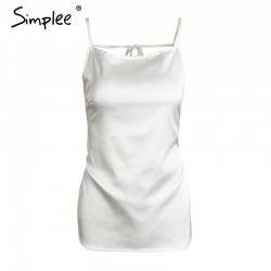 Simplee Black satin backless camisole tank top Casual black strap bow bustier camis streetwear Summer beach soft women tops