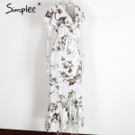 Simplee Boho floral print mermaid long dress Summer beach vintage split women dress robe Elegant sashes bow maxi dress vestidos