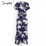 Simplee Boho floral print mermaid long dress Summer beach vintage split women dress robe Elegant sashes bow maxi dress vestidos