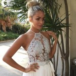 Simplee Elegant white lace crop top Summer beach backless short halter tops Sexy white party camis gauze metallic women tank top