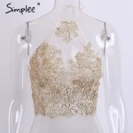 Simplee Elegant white lace crop top Summer beach backless short halter tops Sexy white party camis gauze metallic women tank top