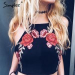 Simplee Embroidery suede camisole tank top Sexy off shoulder halter crop top Christmas backless women tops party cami