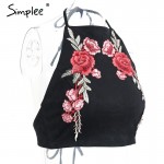 Simplee Embroidery suede camisole tank top Sexy off shoulder halter crop top Christmas backless women tops party cami