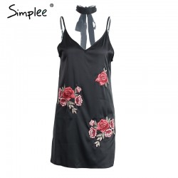 Simplee Halter embroidery satin women dress Sexy v neck short dress Women chic flower sleeveless party dress vestidos