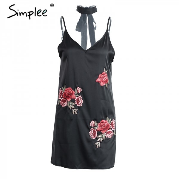 Simplee Halter embroidery satin women dress Sexy v neck short dress Women chic flower sleeveless party dress vestidos