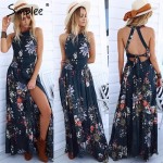 Simplee Lace up halter floral long dress Women 2017 summer chic backless evening party maxi dress Hollow out sexy dress vestidos