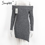 Simplee Off shoulder bodycon women dress Knitted grey sexy dress Long sleeve evening party short dresses 2016