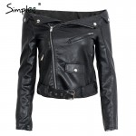 Simplee Off shoulder faux leather jacket women motorcycle jacket 2016 autumn winter outerwear coats Short zipper basic jackets