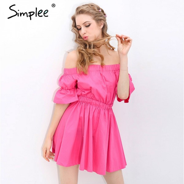 Simplee Off shoulder pink short dress women Beach summer dress 2017 new elastic band party sexy dress White half sleeve vestidos