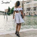 Simplee Off shoulder ruffle striped summer dress Casual hollow out backless short dress robe Women beach sexy dress vestidos