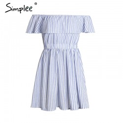 Simplee Off shoulder ruffle striped summer dress Casual hollow out backless short dress robe Women beach sexy dress vestidos