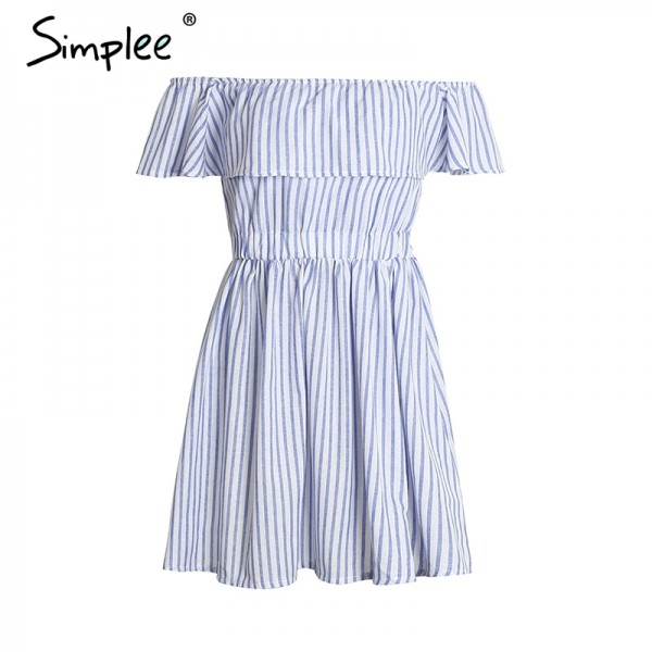Simplee Off shoulder ruffle striped summer dress Casual hollow out backless short dress robe Women beach sexy dress vestidos