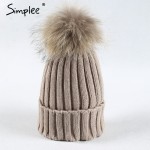 Simplee Removable real fur pompon Bobble hats for women skullies beanies Warm stocking hat 2016 autumn cap winter hat female