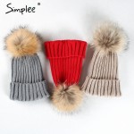 Simplee Removable real fur pompon Bobble hats for women skullies beanies Warm stocking hat 2016 autumn cap winter hat female