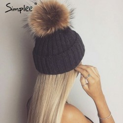 Simplee Removable real fur pompon Bobble hats for women skullies beanies Warm stocking hat 2016 autumn cap winter hat female