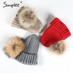Simplee Removable real fur pompon Bobble hats for women skullies beanies Warm stocking hat 2016 autumn cap winter hat female