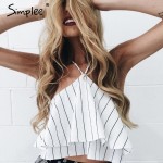 Simplee Ruffle camisole tank top tees Sexy off shoulder stripe halter crop top camis 2017 Causal green summer women tops female