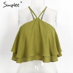 Simplee Ruffle camisole tank top tees Sexy off shoulder stripe halter crop top camis 2017 Causal green summer women tops female