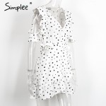 Simplee Ruffle cold shoulder polkadot print summer dress Vintage irregular bow wrap short dress Women chic chiffon white dress