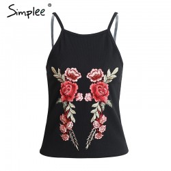Simplee Sexy floral Embroidery camisole Summer sleeveless black tank top tees Causal streetwear women tops female cami