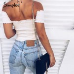 Simplee Sexy off shoulder black crop top Women summer slim ruffle short sleeve bustier top tees Party white camisole tank top