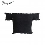 Simplee Sexy off shoulder black crop top Women summer slim ruffle short sleeve bustier top tees Party white camisole tank top