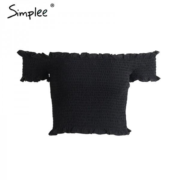 Simplee Sexy off shoulder black crop top Women summer slim ruffle short sleeve bustier top tees Party white camisole tank top