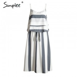 Simplee Sexy ruffle stripe chiffon two piece dress suit Casual beach soft sleeveless long dress Women vintage belt summer dress