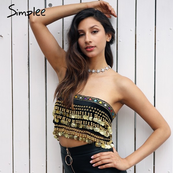 Simplee Tassel beading velvet  top tees Summer 2017 lace up punk crop top women Sexy gold sequin tank top coin chain tube top