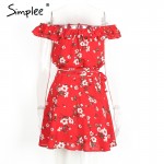 Simplee Two-piece red chiffon summer dress women 2017 Vintage party ruffles short dress Off shoulder beach dress vestido