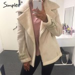 Simplee Vintage suede lambswool short jacket coat Winter black warm hairly collar jacket Women autumn belt female overcoat