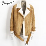 Simplee Vintage suede lambswool short jacket coat Winter black warm hairly collar jacket Women autumn belt female overcoat